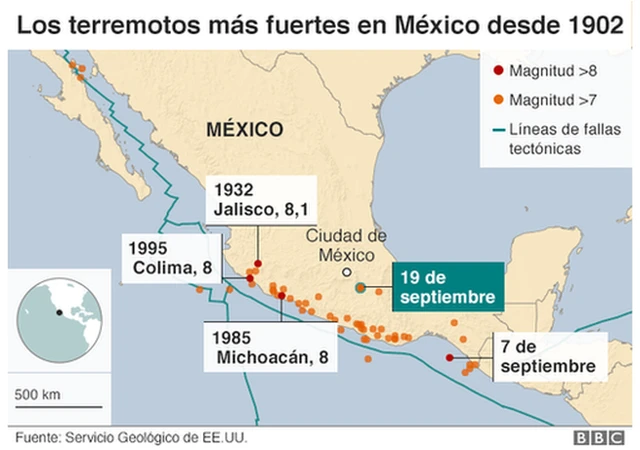 Mapa de los últimos sismos en México.