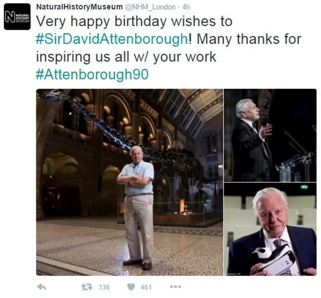 倫敦的英國自然歷史博物館向艾登堡爵士致以生日祝福。