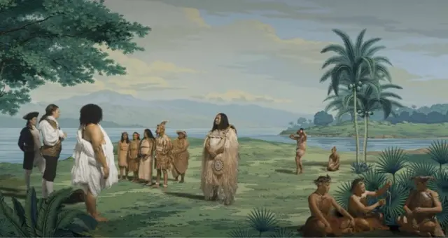 瑞哈娜（Lisa Reihana）的作品《追逐金星》（in Pursuit of Venus），2015-17（局部）。