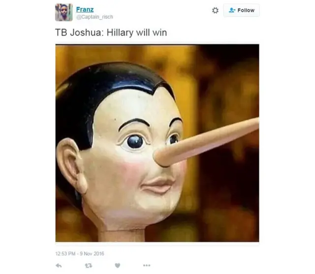 Meme montrant Pinocchio et les mots : "TB Joshua : Hillary va gagner"