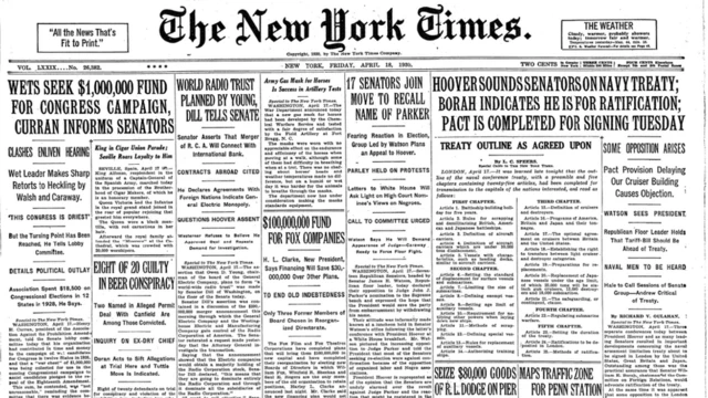 Portada de The New York Times del 18 de abril de 1930.