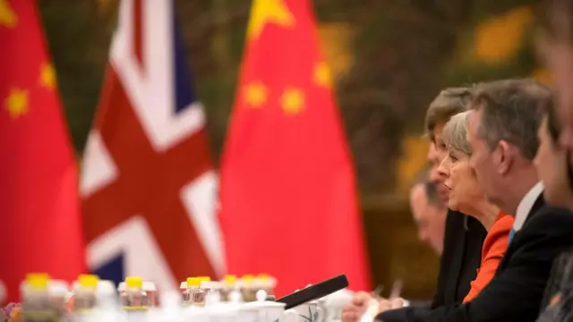 梅首相和英国代表团与中方会谈。2018年1月31日