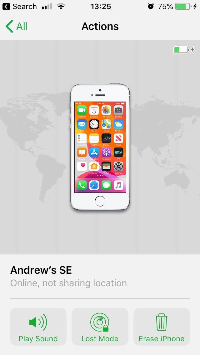 Find My iPhone showing Andrew's phone being charged