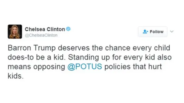 মিস রিচের টুইটের প্রতিক্রিয়া চেলসি ক্লিনটন বলেন কোনও শিশুর বিষয়ে এ কথা বলা উচিত নয়।