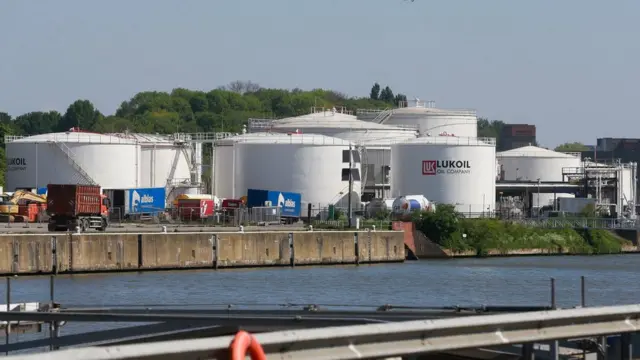 A view of fuel tanks of Russian multinational energy corporation Lukoil at its headquarters
