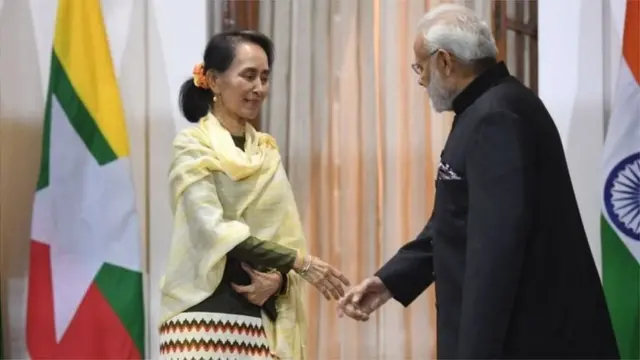 আং সান সু চি ও নরেন্দ্র মোদী। ২০১৮