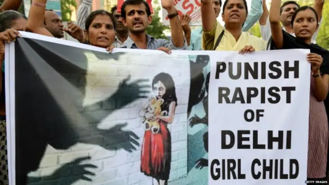 protesters from the All-India Democratic Students Organisation and All-India Mahila Sanskritik Students Organisation demonstrate in Ahmedabad on April 20, 2013, against the brutal rape of a five-year old girl in New Delhi.