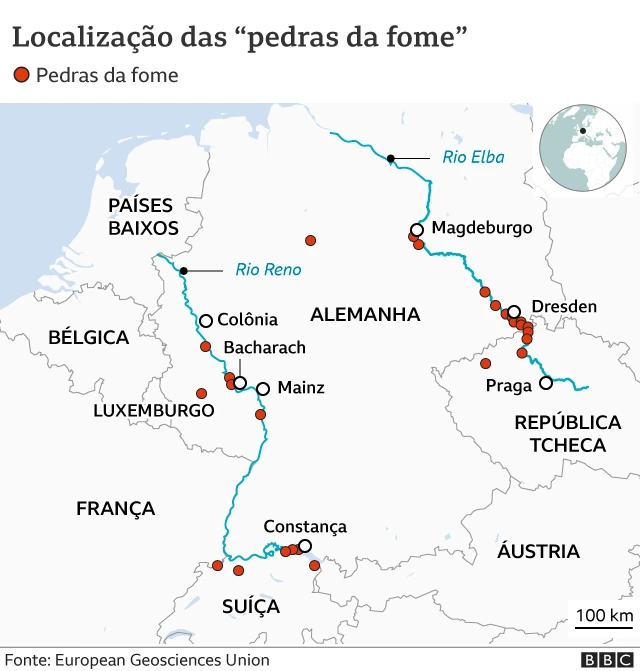 Infográfico mostra Europa central e dois rios com pontinhos vermelhos onde estão pedras da fome