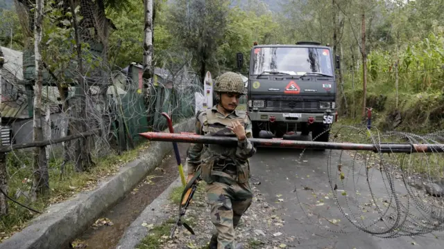 An Indian army soldier , military base in Uri, kashmir, india