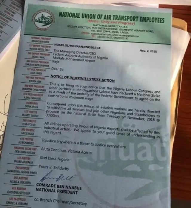 NUATE notice to dia workers say dem go strike