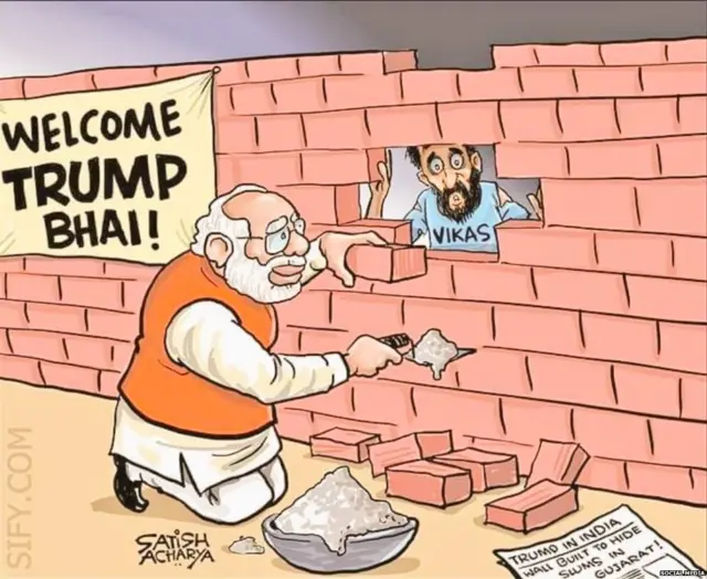 यामध्ये नरेंद्र मोदी देशातील विकास दिसू नये म्हणून भिंत बांधताना दिसत आहेत.