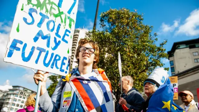 "Brexit geleceğimi çaldı" pankartı taşıyan bir genç