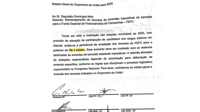 Ofício de líderes partidários sobre aumento do Fundo Eleitoral