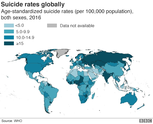 World map showing the range of countries' suicide rates
