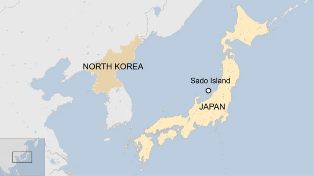 แผนที่แสดงตำแหน่งของเกาะซาโดะ ที่พบซากเรืออับปาง