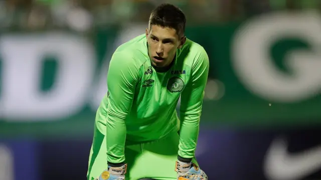 Brazil's Chapecoense goalkeeper Follmann, warms up prior to a Copa Sudamericana semifinal soccer match against Argentina's San Lorenzo on 29 November