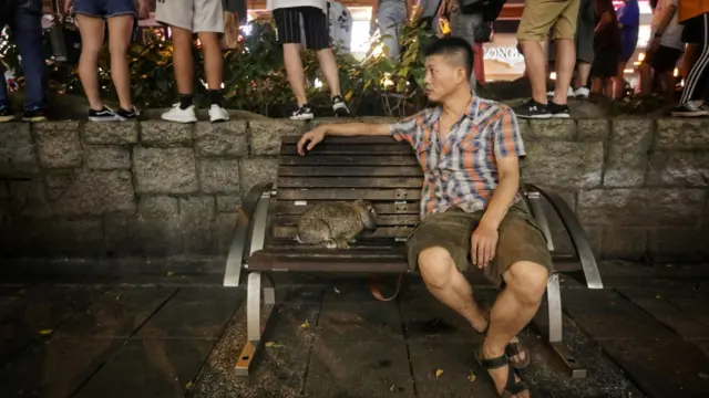 香港九龙尖沙咀一名当地居民与他的宠物兔在围观人群旁的长椅歇息（10/8/2019）