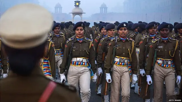 CRPF) march during a rehearsal for the forthcoming Republic Day parade on a foggy winter morning at Rajpath in New Delhi on January 4, 2016. India will celebrate its 67th Republic Day on January 26 with a large military parade.