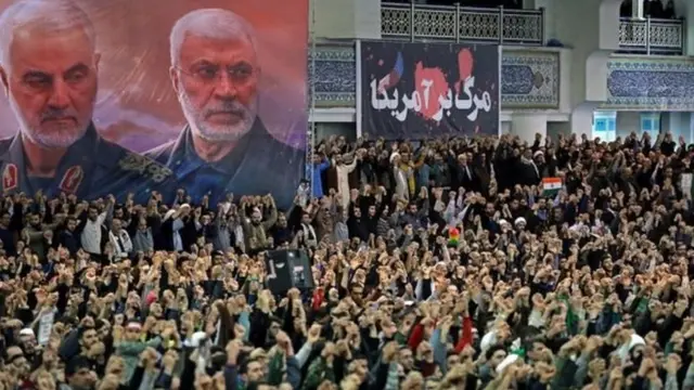 Ribuan orang meneriakkan nama Soleimani yang meninggal akibat drone Amerika Serikat.