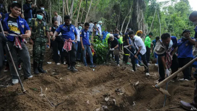 තායිලන්ත මියන්මාර දේශ සීමා කලාපයේ කැනීම් වලදී හමු වූ මිය ගිය සංක්‍රමණිකයන් වල දැමූ නොගැඹුරු සමූහ මිනී වලවල්