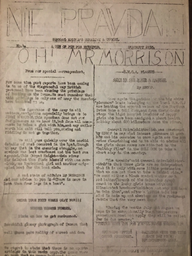 Эkzemplяr юmorističeskoй gazetы NE PRAVDA, vыpuskavšeйsя britanskimi voennoslužaщimi v 1942 g v Arhangelьske
