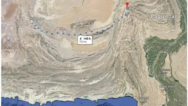 Imagem do Google maps mostra distância que o iraniano Paknoosh Kharaghani, que fugiu da guerra Irã-Iraque, percorreu até o Paquistão, através do deserto. Hoje ele mora no Brasil