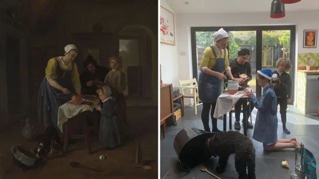 "Familia campesina a la hora de la comida" de Jan Steen (alrededor de 1655) recreada por Lawrence Chiles y su familia.