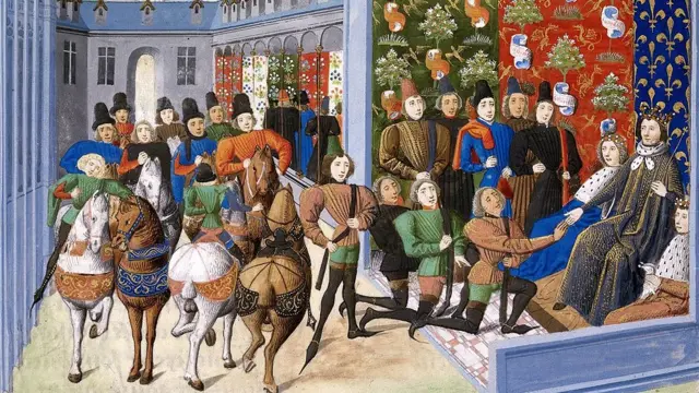 Фрагмент миниатюры XV века: Изабелла Баварская и Карл VI на подписании договора в Труа