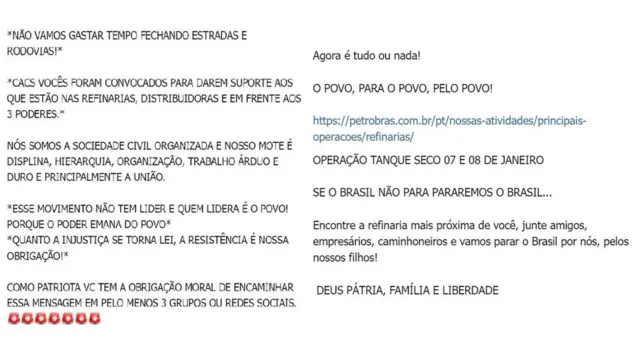 Mensagens com convocação para bolsonaristas radicais irem até refinarias