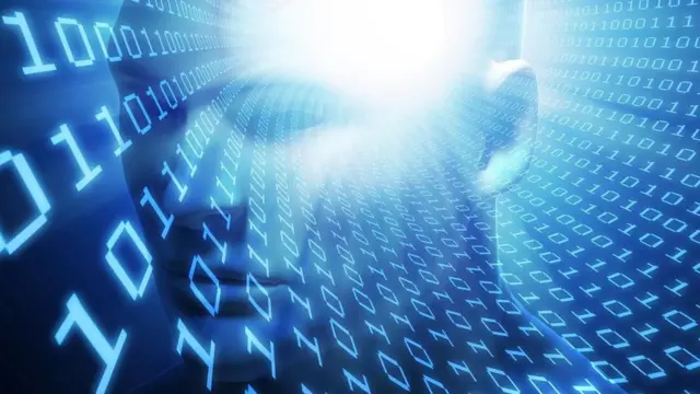 Una ilustración de un rostro humano cubierto por códigos binarios