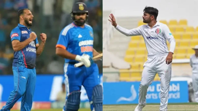 سپینو جامو کې ولاړ لوبغاړی راشد خان د توپ نیولو هڅه کوي بل انځور دوه نور لوبغاړي دي چې لوبغاړی یې سوځولی.