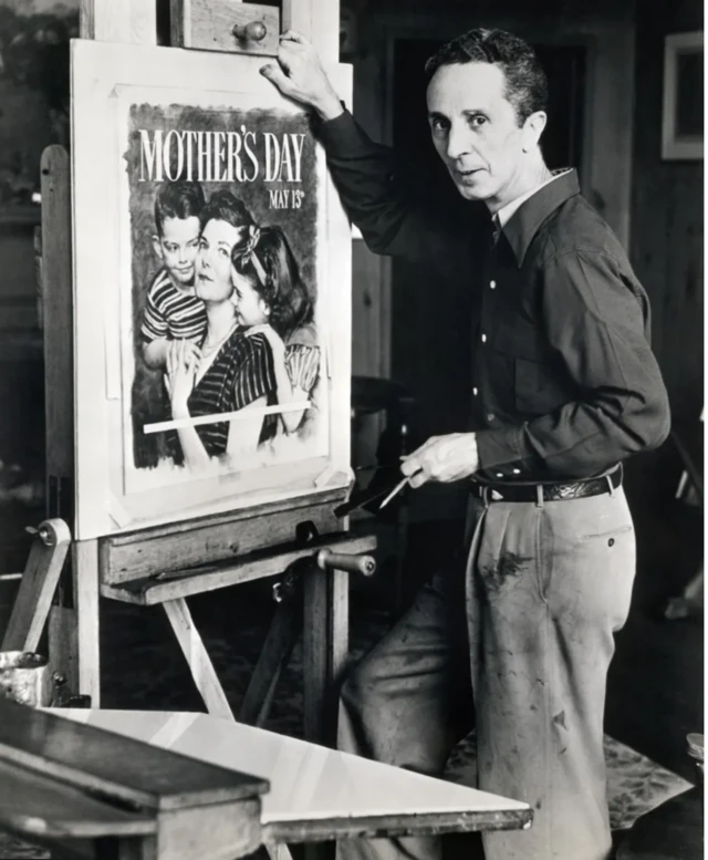 ১৯৫১ সালের মা দিবসের পোস্টার বানাচ্ছেন যুক্তরাষ্ট্রের পেইন্টার নরমান রকওয়েল