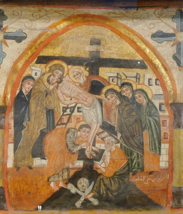 أيقونة أثرية قبطية متاثرة بالفن البيزنطي من كنيسة القديسة بربارة في القاهرة، من القرن الـ 14 الميلادي، تمثل لحظة إنزال المسيح من على الصليب 