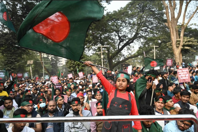 আন্দোলনকারীদের মধ্যে লাল ও কালো পোশাক পরা একটি শিশু বাংলাদেশের একটি পতাকা ওড়াচ্ছে। পতাকাটি গাঢ় সবুজ রঙের এবং মাঝখানে একটি লাল বৃত্ত। পেছনে অনেকের মাথায় পতাকার রংয়ের হেডব্যান্ড বাধা