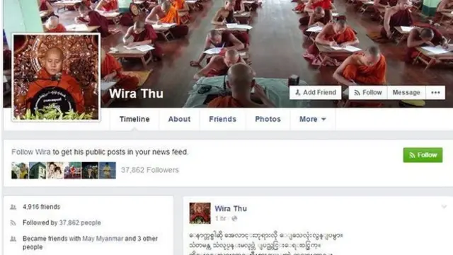 Halaman Facebook, biarawan radikal Buddha, Wirathu dicabut permulaan tahun ini.