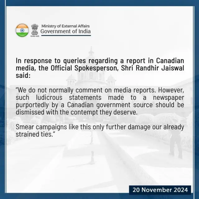 ਐੱਮਈਏ ਦੇ ਬੁਲਾਰੇ ਰਣਧੀਰ ਜੈਸਵਾਲ ਵੱਲੋਂ ਦਿੱਤੀ ਗਈ ਪ੍ਰਤੀਕਿਰਿਆ