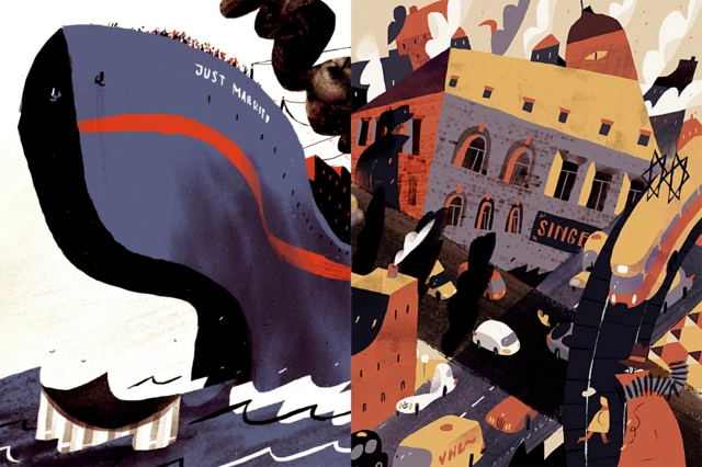 Центральний РАЦС (Л) і будинок Новікова на Подолі (П)