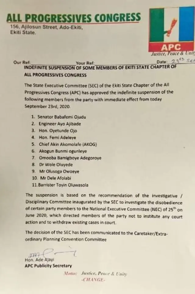 Aworan ikede pe wọn yọ ọmọ ẹgbẹ APC lẹgbẹ ni Ekiti