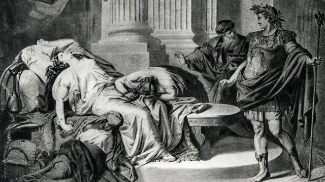 Ilustración de 1894 que muestra a Cleopatra muerta, con Augusto a sus pies.