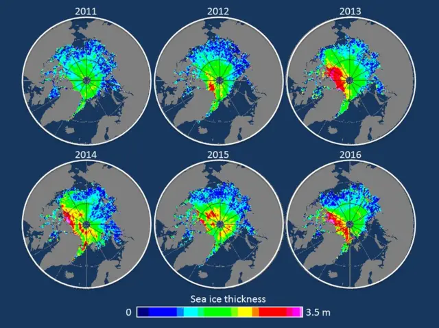 میزان یخ که توسط ماهواره‌ها در شمالگان ثبت شده است