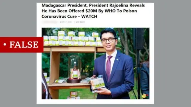 ভুয়া খবর: 'মাদাগাস্কারের প্রেসিডেন্টকে করোনাভাইরাসের ঔষধে বিষ মেশানোর প্রস্তাব দিয়েছে বিশ্ব স্বাস্থ্য সংস্থা'