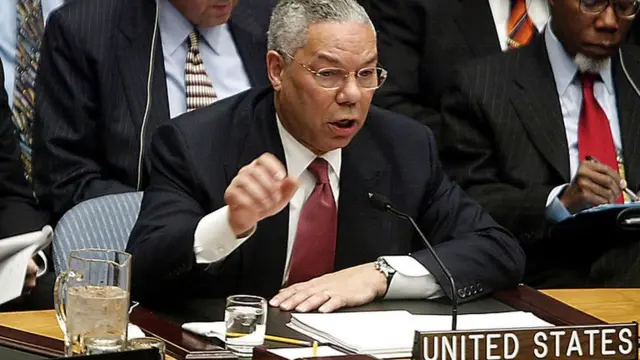 কলিন পাওয়েল ২০০৩ সালে জাতি সংঘে দাবী করেন, ইরাক ব্যাপক বিধ্বংসী অস্ত্র লুকিয়ে রেখেছে (যেটা পরবর্তীতে ভিত্তিহীন বলে প্রমাণিত হয়)