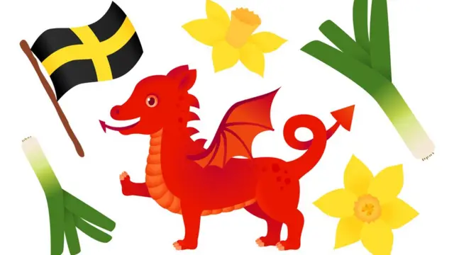 Красный дракон, валлийский флаг, нарциссы и лук-порей