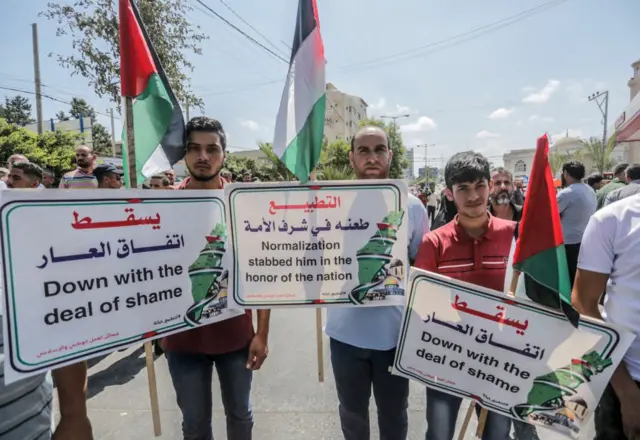 مظاهرة في قطاع غزة ضد تطبيع الإمارات علاقتها مع اسرائيل