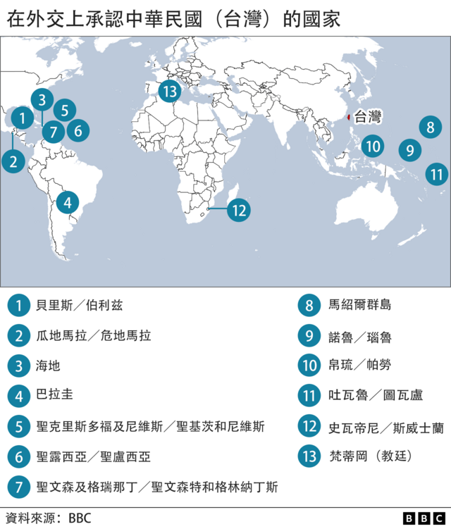 地图：在外交上承认中华民国（台湾）的国家