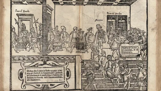 Зображення 1605 року, на якому процесія стюардів, охоронців та дегустатори подають їжу конклаву через "руоту"1080