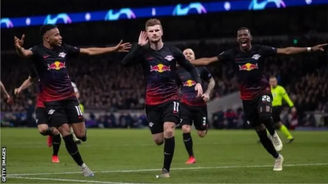 Werner, centre, scored from the penalty spot against Tottenham on Wednesday