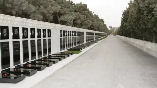 Аллея Шахидов в Баку. Уходящий вдаль ряд могил.