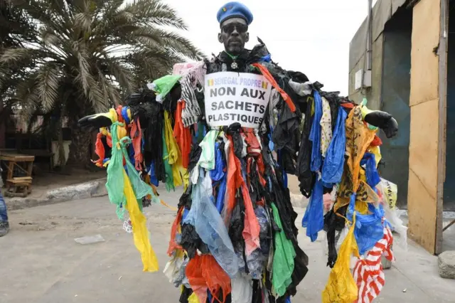 Senegalese activist Modou Fall, called the plastic man, president of the association Senegal Propre at the entrance of Pikine, a suburb in Dakar.
