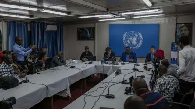 Conférence de presse à la suite d'une mission du Conseil de sécurité de l'ONU, à Goma, le 12 mars 2023.